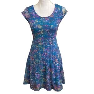 Blue Floral Mesh Knee Length Midi Dress Size S Coquette 90s 00s Back Bow Cutout